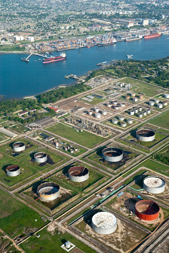 Storage tanks and harbor, aerial view, Dar es salaam, Tanzania